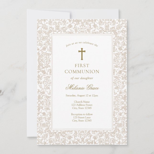 Elegant Gold Floral Traditional First Communion  Invitation (Front)