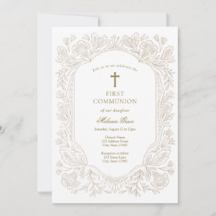 Elegant Gold Floral Traditional First Communion Invitation