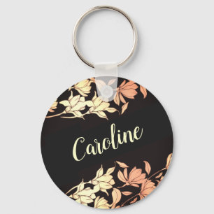 Elegant Gold Floral Tulip Flowers Golden Black Key Ring