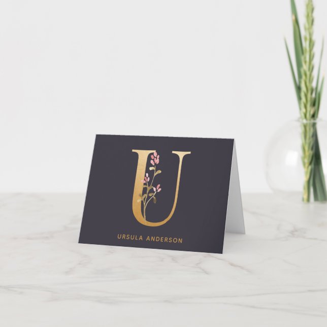 Elegant Gold Floral U Monogram Chic Personalised Note Card (Front)