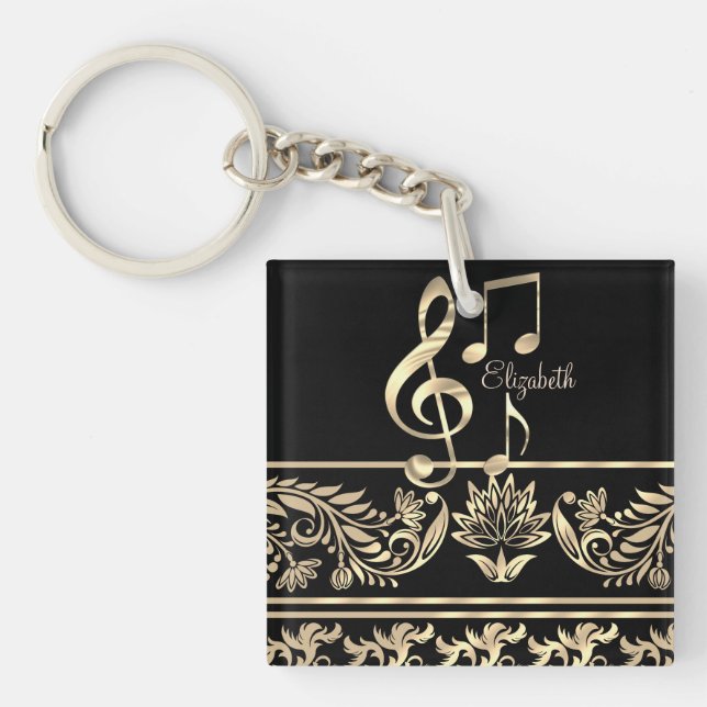 Elegant Gold Floral,Violin Key,Note Key Ring (Front)