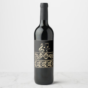 Elegant Gold Floral,Violin Key,Note Wine Label