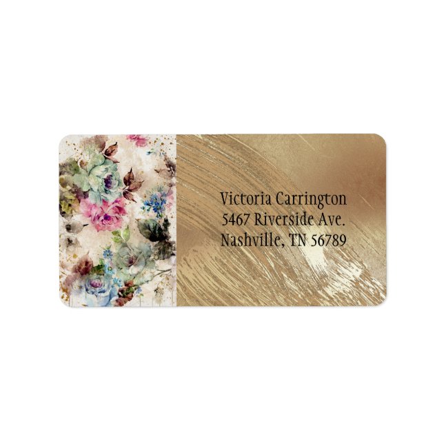 Elegant Gold Floral Watercolor Abstract Wedding La Label (Front)