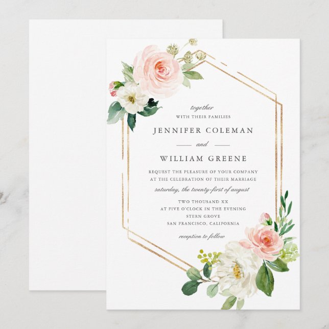 Elegant Gold + Floral Watercolor Frame Wedding Invitation (Front/Back)