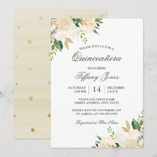 Elegant Gold Floral Watercolor Quinceanera Invitation