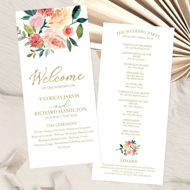 Elegant Gold Floral Watercolor Wedding Program 4x9 Programme (Creator Uploaded)