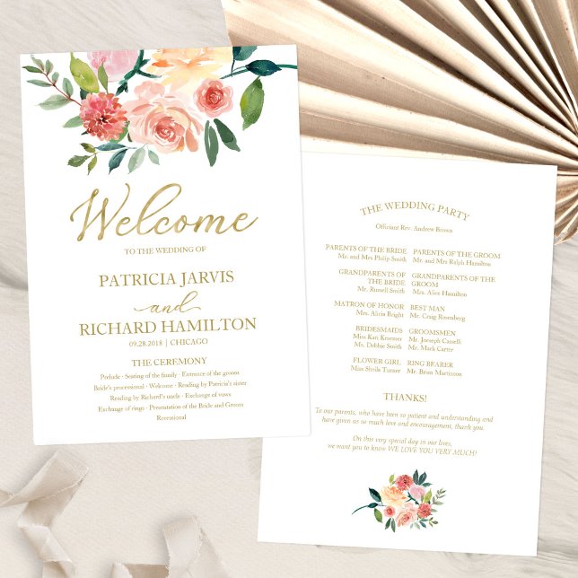 Elegant Gold Floral Watercolor Wedding Program Programme (Creator Uploaded)
