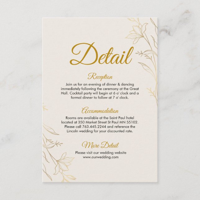 Elegant Gold Floral Wedding Details Enclosure Card (Front)
