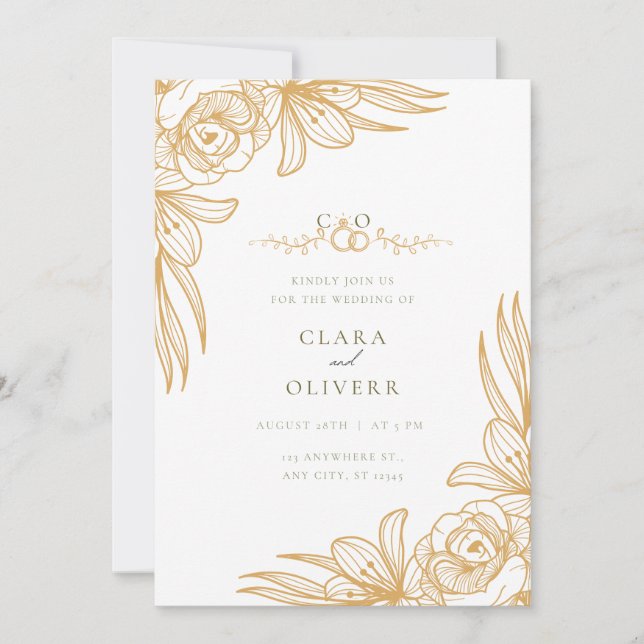 Elegant Gold Floral Wedding Invitation (Front)