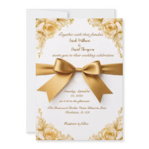 Elegant Gold Floral Wedding Invitation with Ribbon