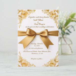Elegant Gold Floral Wedding Invitation with Ribbon