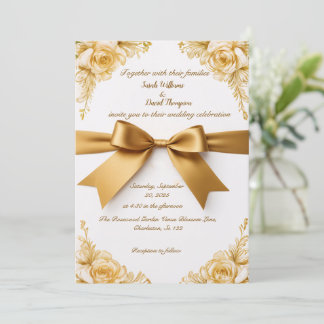 Elegant Gold Floral Wedding Invitation with Ribbon