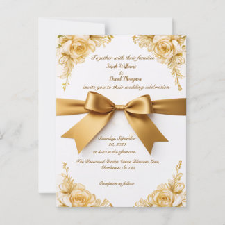 Elegant Gold Floral Wedding Invitation with Ribbon Postcard