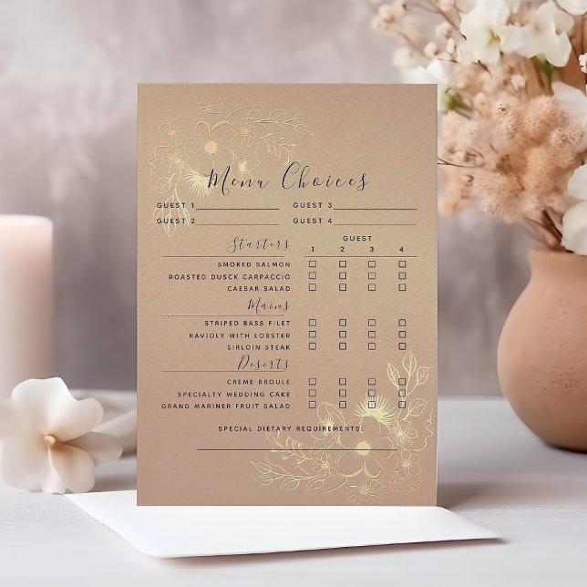 Elegant Gold Floral Wedding Menu Choice Card (Creator Uploaded)