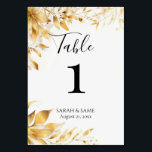 Elegant Gold Floral Wedding Table Card<br><div class="desc">Stunning wedding table numbers adorned with gold floral, diagonal frame" composition that mirrors the thank-you card, utilizing the top-left and bottom-right corners for the 3D golden botanical motifs to ensure a unified suite, clean, high-contrast central area designed for maximum legibility of the table number, ensuring guests can easily identify their...</div>