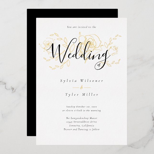 Elegant Gold Floral White Black Wedding (Front/Back)