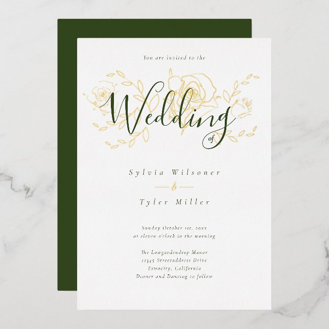 Elegant Gold Floral White Green Wedding (Front/Back)