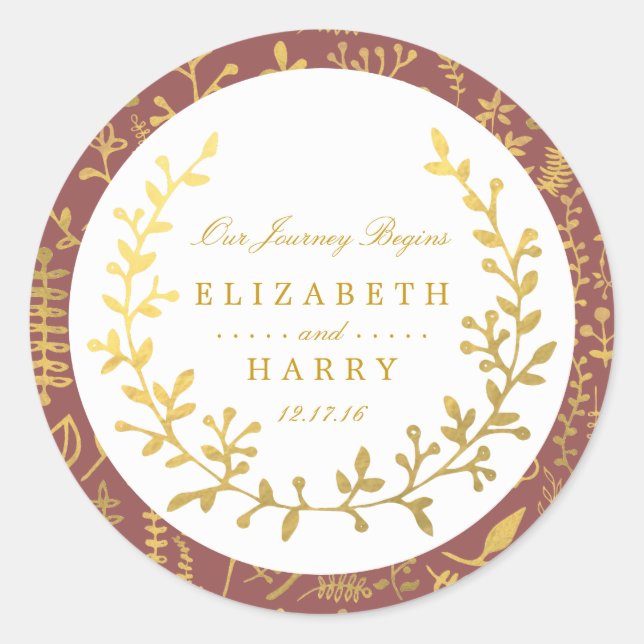 Elegant Gold Floral Wreath Wedding Classic Round Sticker (Front)