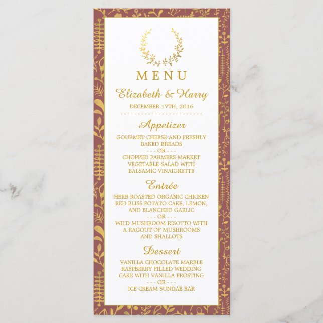 Elegant Gold Floral Wreath Wedding Menu (Front)