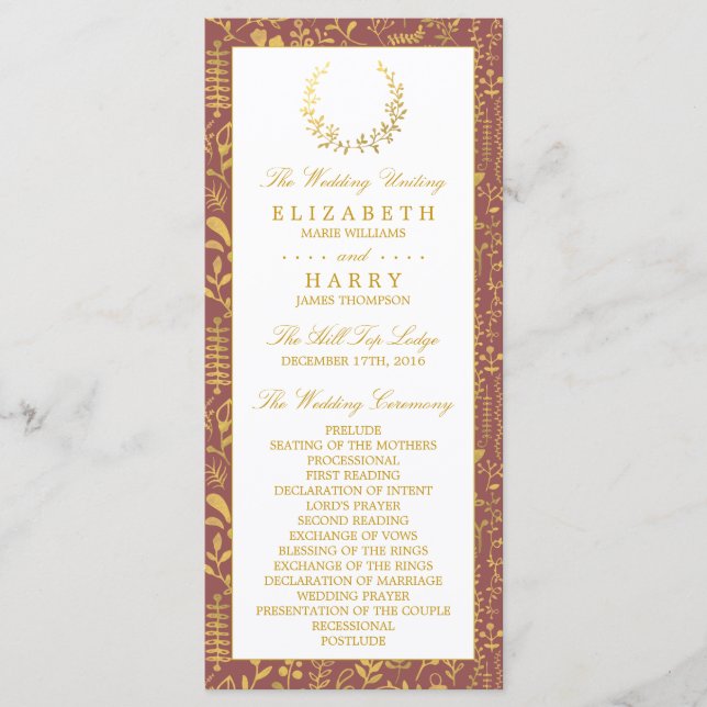 Elegant Gold Floral Wreath Wedding Program Programme (Front)