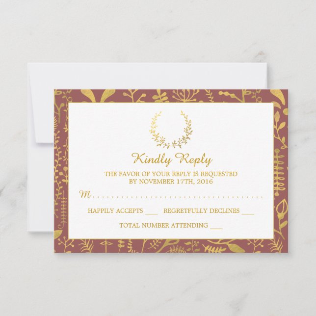Elegant Gold Floral Wreath Wedding RSVP Card (Front)