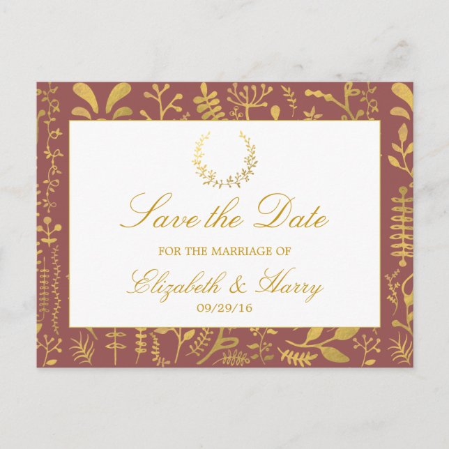 Elegant Gold Floral Wreath Wedding Save The Date Announcement Postcard (Front)