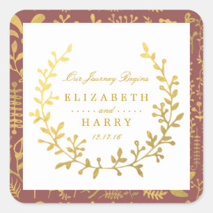 Elegant Gold Floral Wreath Wedding Square Sticker