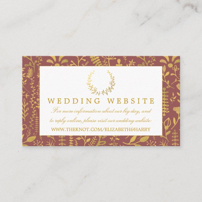 Elegant Gold Floral Wreath Wedding Website Enclosure Card (Front)