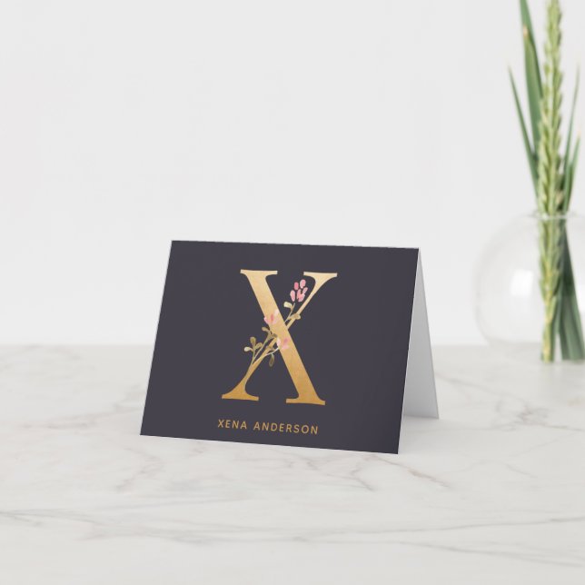 Elegant Gold Floral X Monogram Chic Personalised Note Card (Front)
