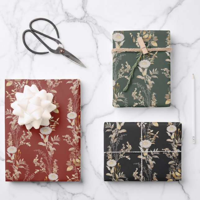 Elegant Gold Florals Wrapping Paper Set of 3 (Front)