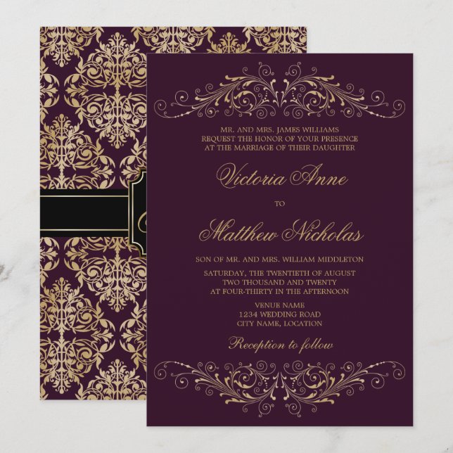 Elegant Gold Flourish Damask Eggplant Invitation (Front/Back)