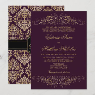 Elegant Gold Flourish Damask Eggplant Invitation