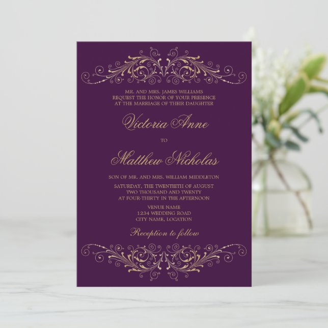 Elegant Gold Flourish Damask Eggplant Invitations (Standing Front)