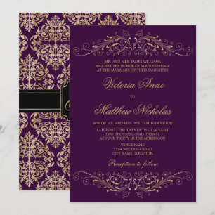 Elegant Gold Flourish Damask Eggplant Invitations