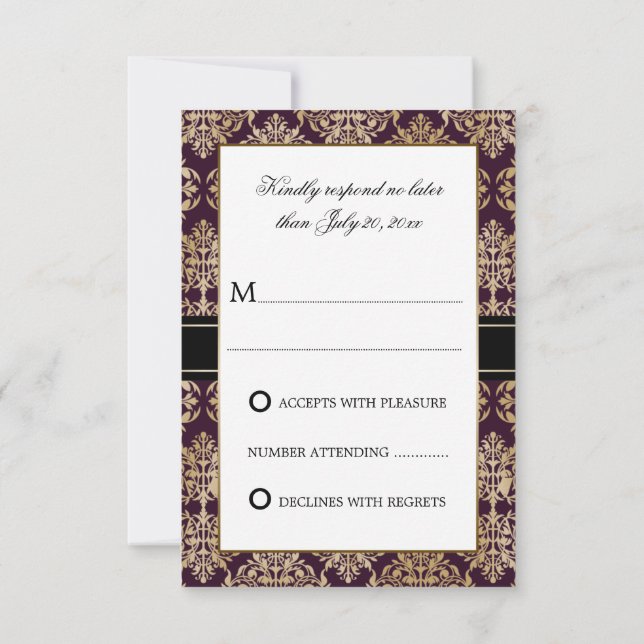 Elegant Gold Flourish Damask Eggplant RSVP Card (Back)