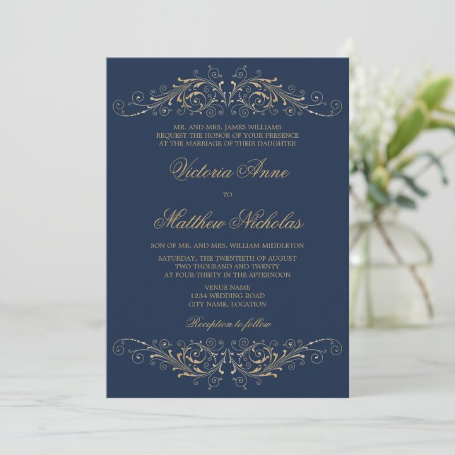 Elegant Gold Flourish Damask Navy Blue Invitation (Standing Front)