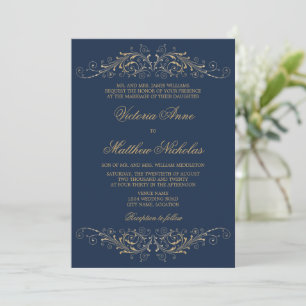 Elegant Gold Flourish Damask Navy Blue Invitation