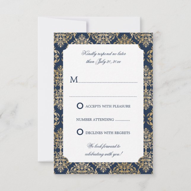 Elegant Gold Flourish Damask Navy Blue RSVP Invitation (Back)