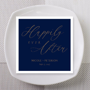 Elegant Gold Flourish Navy Blue Wedding Napkin