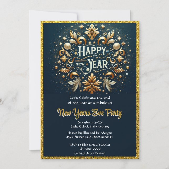 Elegant Gold Flourish New Years Eve Party  Invitation (Front)