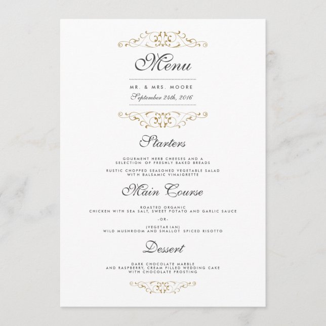 Elegant Gold Flourish Wedding Dinner Menu (Front)