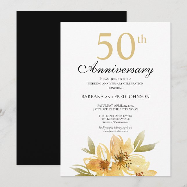 Elegant Gold Flower 50th Anniversary Party Invitation (Front/Back)
