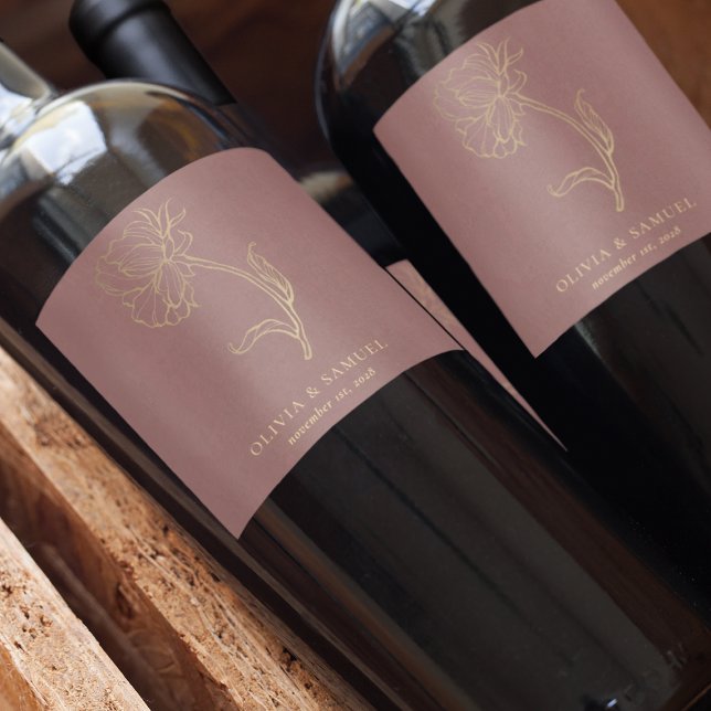 Elegant Gold Flower Dusty Rose Typography Wedding Wine Label (Creator Uploaded)