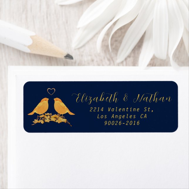 Elegant Gold Flower Navy Blue Return Address Label (Insitu)