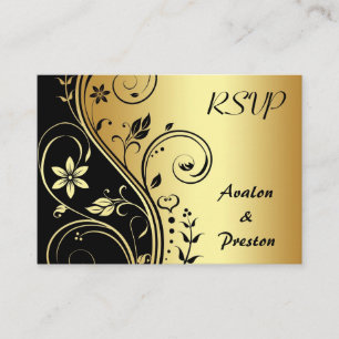 Elegant Gold Flower Scrollwork RSVP Wedding Card