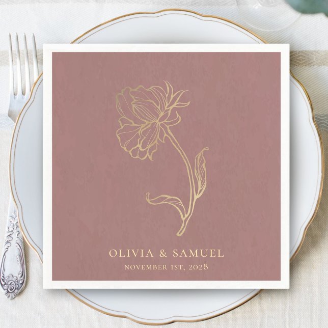 Elegant Gold Flower Typography Dusty Rose Wedding Napkin (Creator Uploaded)