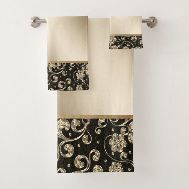 Elegant Gold Flowers, Black Bath Towel Set (Insitu)
