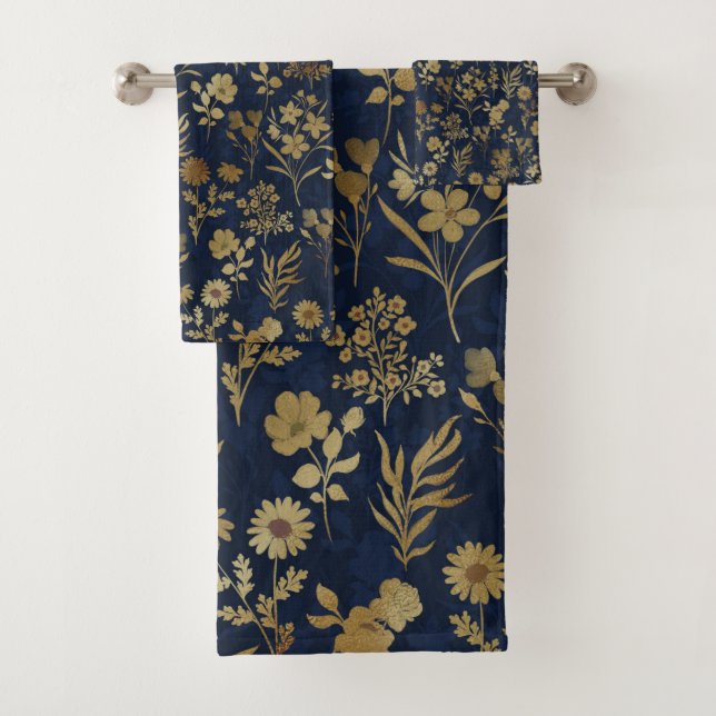 Elegant Gold Flowers Blue Botanical Bath Towel Set (Insitu)