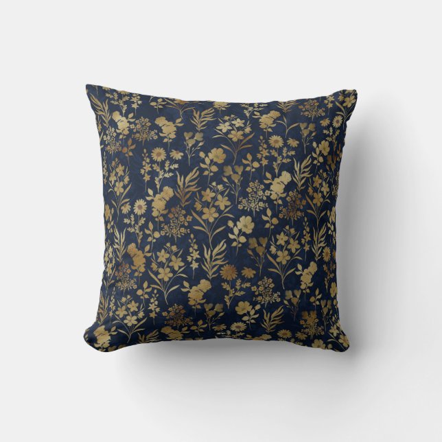 Elegant Gold Flowers Blue Botanical Cushion (Front)