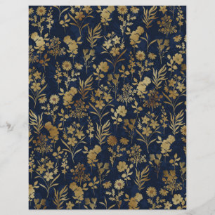 Elegant Gold Flowers Blue Botanical Custom Letterhead